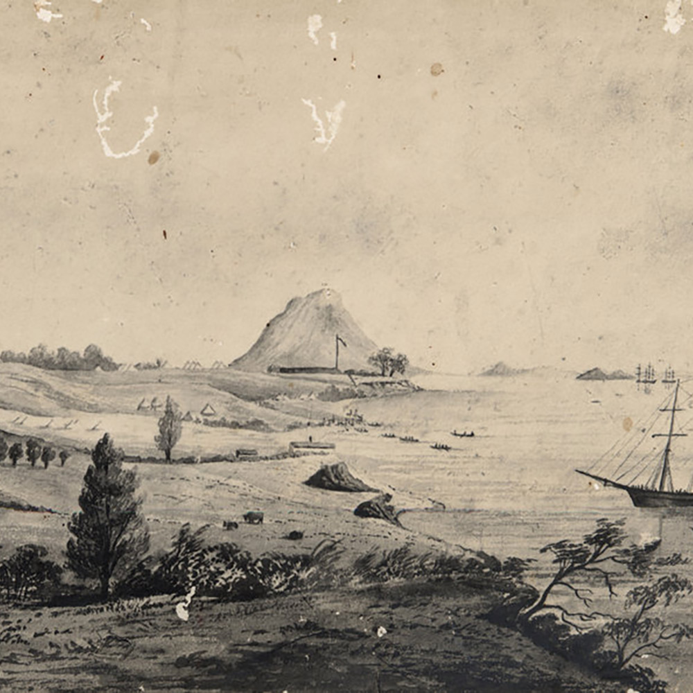 Historical black and white image showing Mount Maunganui and the coastline