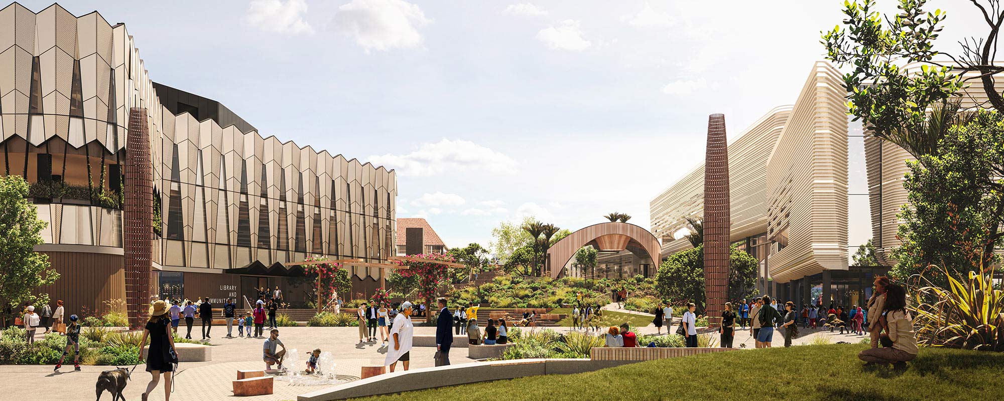 Render of Te Manawataki o Te Papa showing new civic precinct with people in foreground.