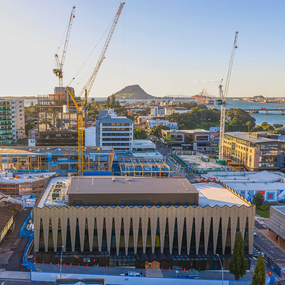 Photo of construction progress from above, with cranes at work.