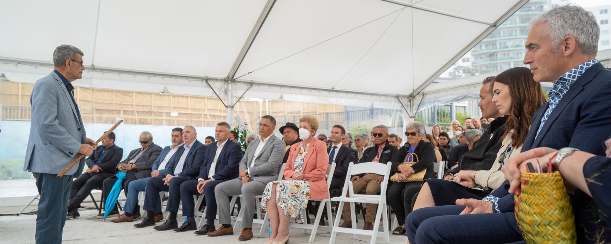 Project stakeholders and community representatives attend a Te Manawataki o Te Papa ceremony.
