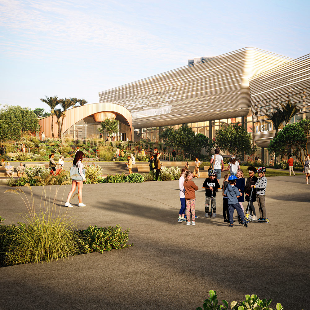 Render of the new Te Manawataki o Te Papa precinct, with people walking around the grounds in front of the buildings.